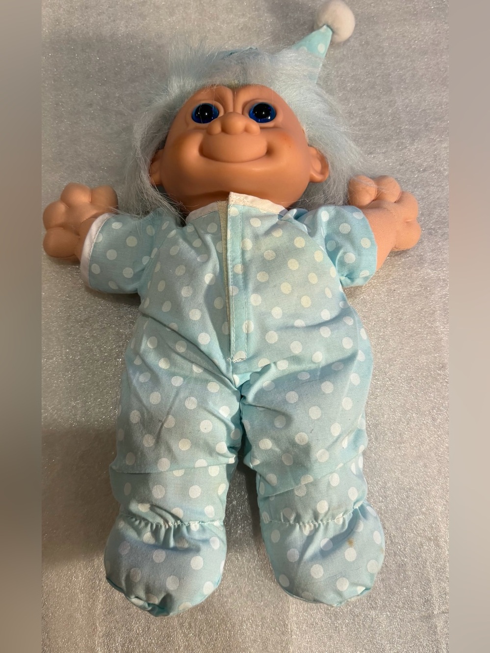Plush Baby Doll in Light Blue Polka Dot Pajamas